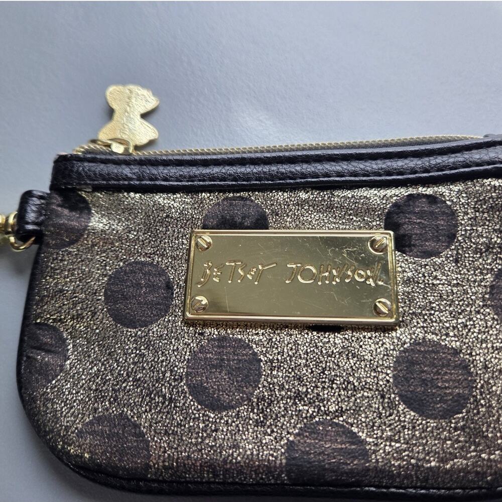Betsey Johnson Wristlet Wallet Black and Gold Polka Dot Metallic‎ ID Window - Picture 2 of 7